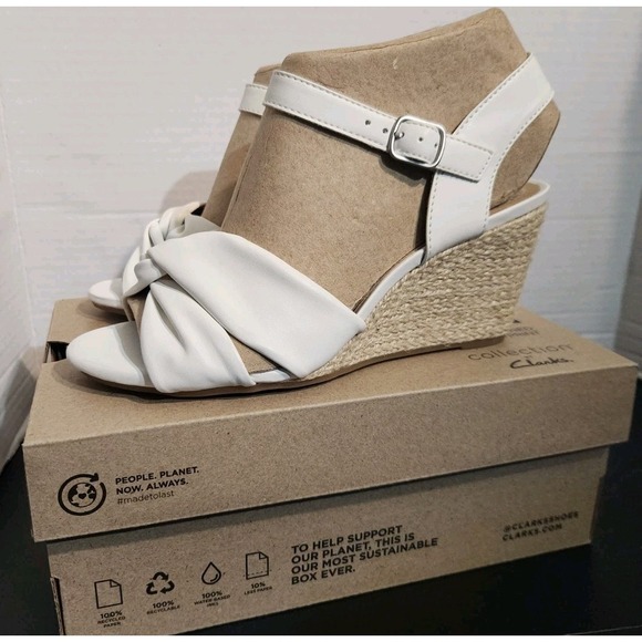 Clarks Shoes - Clarks Women's Margee Beth White Wedge Sandal Size 7 W Espadrille‎ Leather NEW